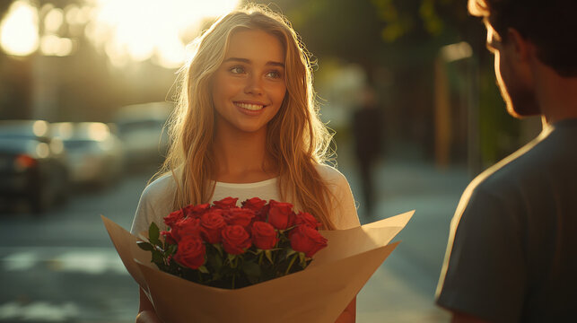 On the occasion of International Valentine Day, a man presents beautiful flowers to his girlfriend․