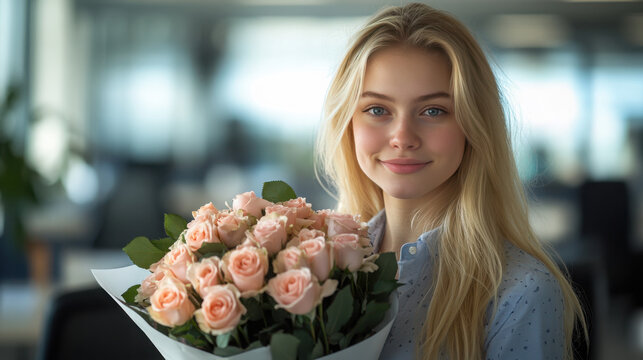 On the occasion of International Women's Day, a man presents beautiful flowers to his girlfriend․