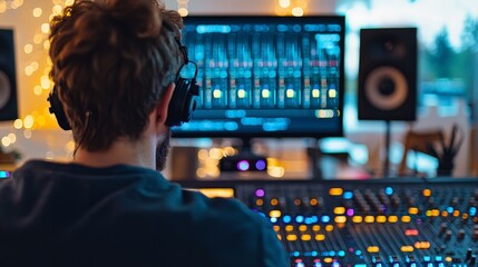 Creative individual recording in a professional studio with computer setup for music production