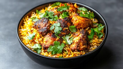 Fototapeta premium Delicious bowl of chicken biryani with fragrant rice and fresh cilantro a culinary delight