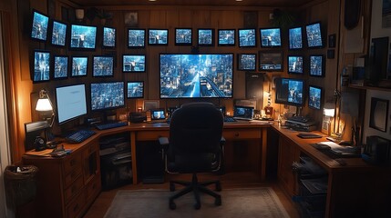 Surveillance room with multiple monitors displaying cityscapes.