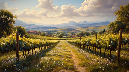 Obraz premium Sunlit vineyard path leading to picturesque Tuscan hills and farmhouses.