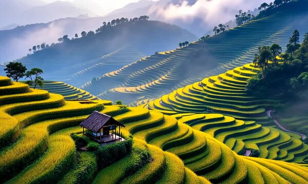 vibrant hillside covered in tiered rice terraces