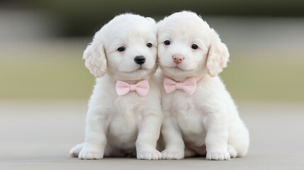 Obraz premium Two adorable white puppies wearing pink bows sit close together, exuding cuteness and charm. Perfect for animal lovers and pet-related content.