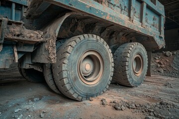 Massive Industrial Truck Tires on a Dusty Construction Site. Heavy Duty Machinery in Action. Powerful Earthmoving Equipment.