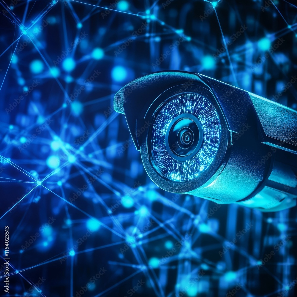 Poster high-tech security camera capturing data in a digital network environment with glowing blue connecti