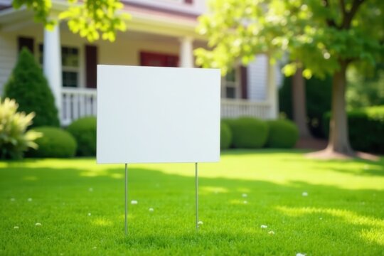 Clean empty yard sign on lush lawn, blurred backdrop, bokeh, blurry