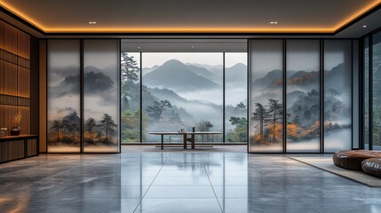 Modern minimalist room with large windows showcasing a misty mountain landscape.