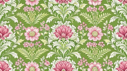 Intricate damask floral pattern with repeating motif of pink and white flowers amidst lush greenery , botanical, floral