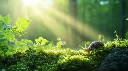 Close-Up of Snail on Moss in a Forest with Sun Rays, AI generated illustration