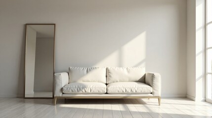 Serene Minimalist Living Room with Elegant Sofa and Full-Length Mirror Reflecting Sunlight