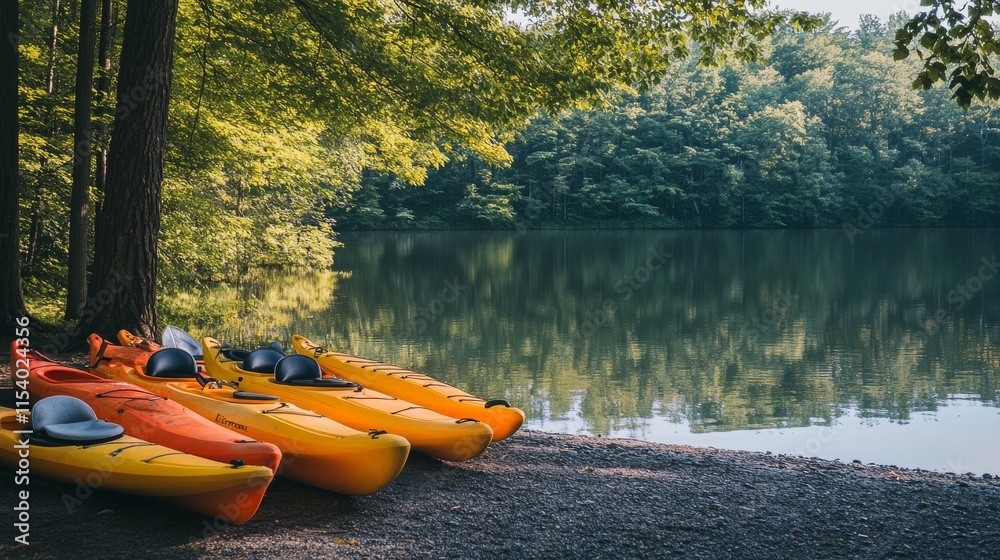 Poster a well-organized kayak launch area with paddles and life vests neatly arranged on the shore, a seren