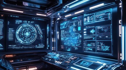 Futuristic Command Center: Spaceship Bridge with glowing screens, displaying complex data visualizations and navigation systems.