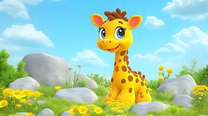 Cute cartoon giraffe in a sunny meadow. © Tahu