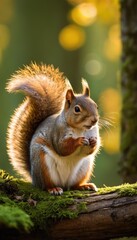 Obraz premium Close-up of a squirrel sitting gracefully on a moss-covered branch, surrounded by a lush forest ambiance. The sunlight adds warmth and natural beauty to the scene