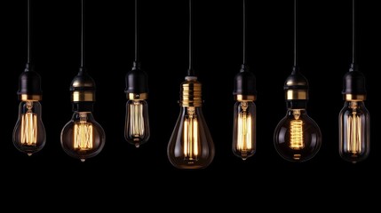 Obraz premium Seven vintage Edison light bulbs hanging against a black background.