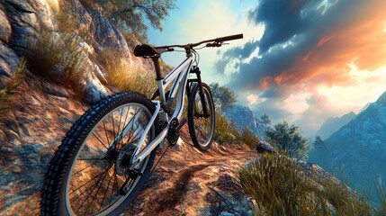 A mountain bike positioned on a rugged trail amidst a scenic landscape at sunset.