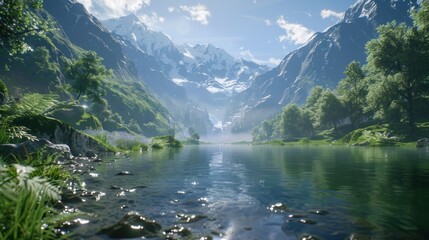 Serene mountain lake reflecting snow-capped peaks under a bright sky.