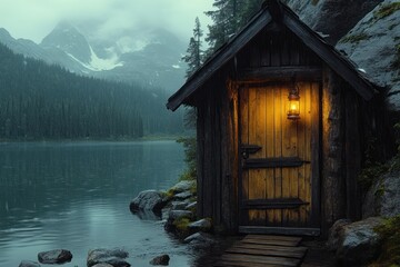 Wooden door invites exploration of a secret root cellar, softly lit by a lantern against a misty mountain backdrop