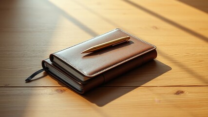 A brown leather-bound journal rests on a sunlit wooden surface, accompanied by a gold pen.