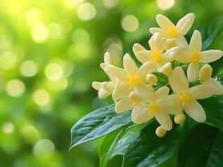 Obraz premium Delicate Pale Yellow Flowers Bloom Amid Lush Green Foliage