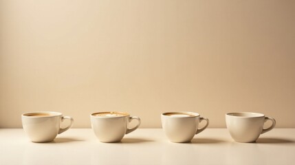 A Row of Four Coffee Cups with Latte Art on a Neutral Background Displays Simple Elegance