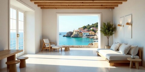 Serene Coastal Living Room Design with Stunning Ocean View and Minimalist Decor