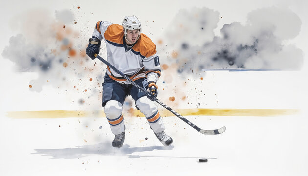 Watercolor and pencil dynamic sketch of an ice hockey player