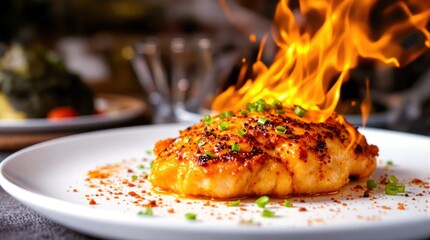 Juicy boneless chicken, fiery spice aura, artistic culinary composition, vivid gourmet photography captures flavor symphony