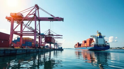 Global Commerce A Container Ship Navigates a Busy Port, Cranes Lift Cargo Under a Vivid Sky