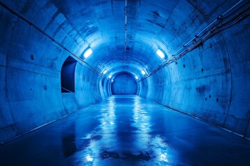 A dimly lit blue tunnel featuring concrete walls and a reflective floor, creating an atmospheric...