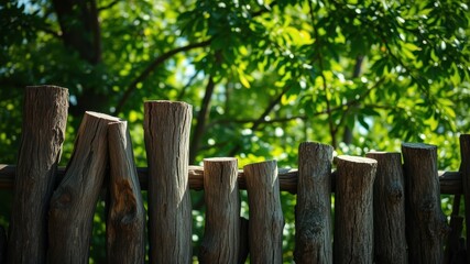 Obraz premium Rustic wooden fence against a backdrop of lush green foliage in a tranquil natural setting