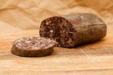 Morcilla, blood sausage with rice, typical of Spain, macro food background