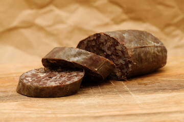 Morcilla, blood sausage with rice, typical of Spain, macro food background
