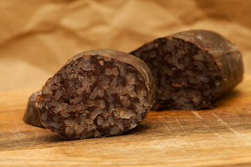 Morcilla, blood sausage with rice, typical of Spain, macro food background