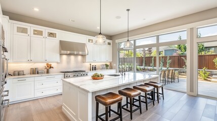 Fototapeta premium Modern Luxury Kitchen with an Island, Marble Countertop, and Garden View. AI generated illustration