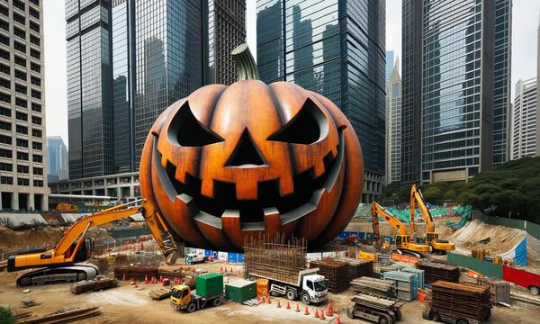 Huge Jack-o-lantern pumpking at construction site in downtown