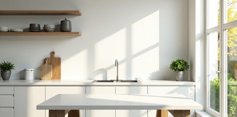 Bright white kitchen, table, sunlit wall shadows , shadow play, pure white