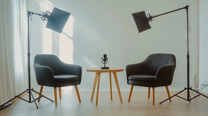 Podcast Setup: Two Chairs and a Table in a Photo Studio with Lighting. AI generated illustration