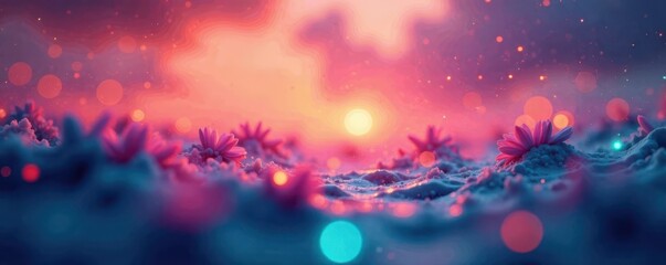Blurred watercolor gradients, bioluminescent flora, melting horizons , light, imagination