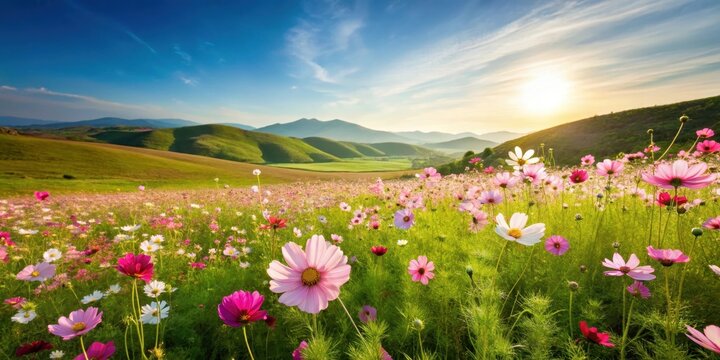 A serene landscape of cosmos flowers in full bloom, with a clear blue sky and gentle green grass, surrounded by rolling hills , meadow scene, earthy tones