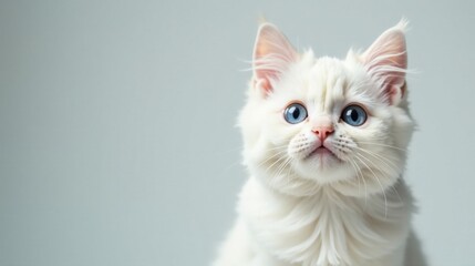 A fluffy white kitten with bright blue eyes gazes inquisitively, its soft fur creating a cloud of pristine elegance against a muted background.
