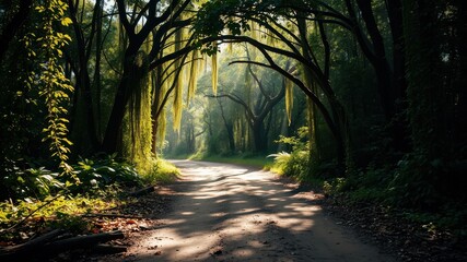 Obraz premium Sunlit Forest Path Under Canopy of Lush Hanging Vines