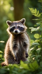 A curious raccoon peeks out from lush green foliage in the forest, its signature mask and fluffy fur glowing in the soft sunlight, creating a scene full of natural charm