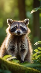 Fototapeta premium A curious raccoon peeks out from lush green foliage in the forest, its signature mask and fluffy fur glowing in the soft sunlight, creating a scene full of natural charm