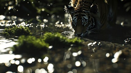 Tiger drinking water in a forest, close-up.