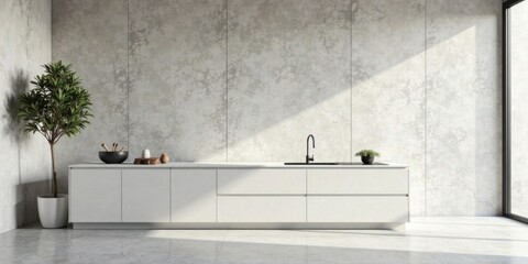 Modern Minimalist Kitchen Design with Sleek White Cabinets and Concrete Wall
