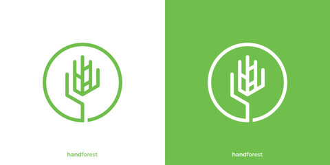 Simple Hand Forest Logo. Hand and Tree Branch Icon Graphic. Hand Tree Logo Design Template.