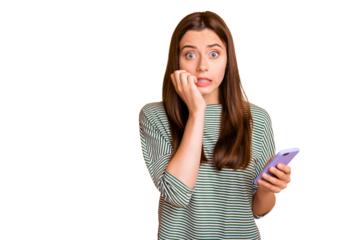 Photo of worried concerned girlfriend seeing her phone screen cracked and shattered to pieces while isolated with yellow background