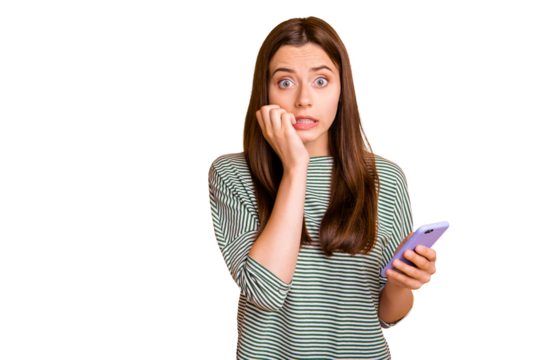 Photo of worried concerned girlfriend seeing her phone screen cracked and shattered to pieces while isolated with yellow background